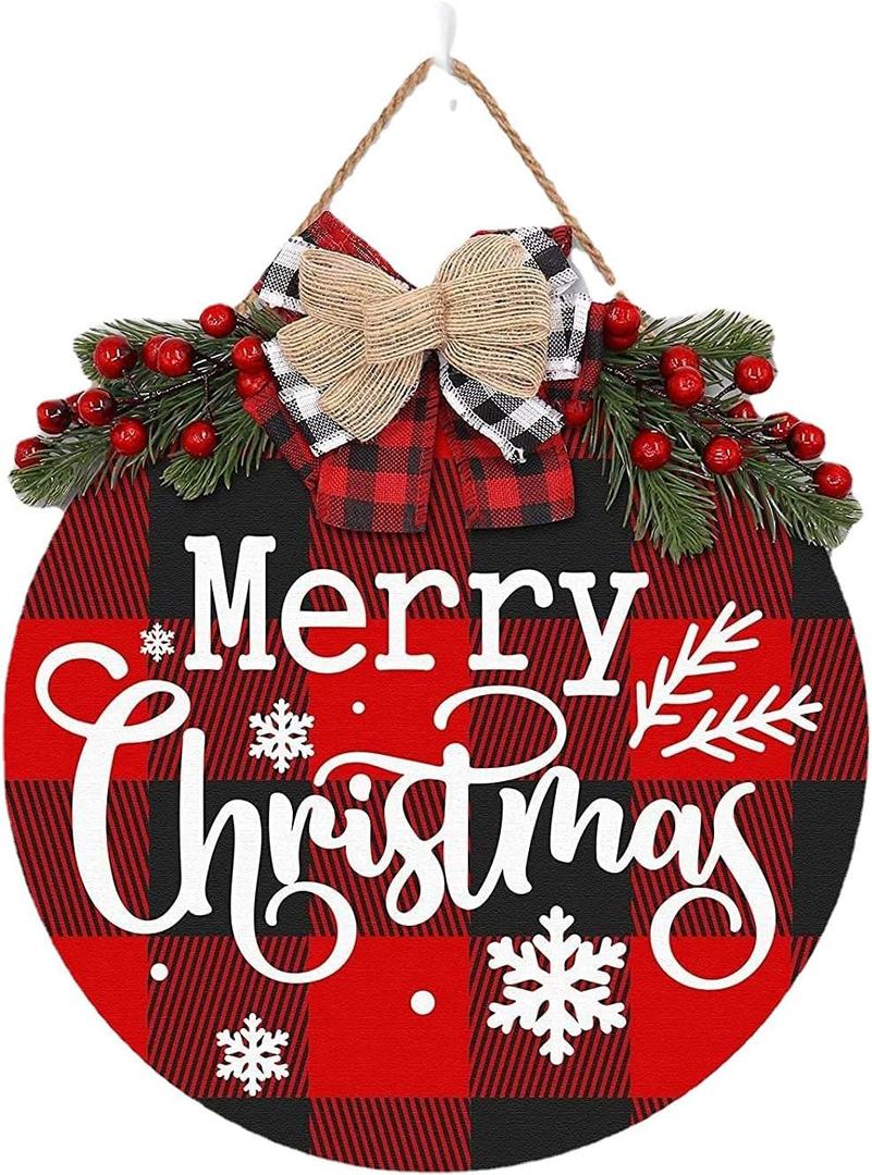 Kiddale Wooden Christmas Welcome Sign, Rustic Farmhouse Door Decor with Bow and Greenery, Colorful, 12.59 Inch Round, Front Door Wall Window Hanging