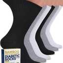 Pembrook Ribbed Knit Bamboo Viscose Diabetic Socks - 6 Pairs Crew Neuropathy Socks for Women | Diabetic Socks for Women (Large, 2 White / 2 Gray / 2 Black - 6 Pairs)