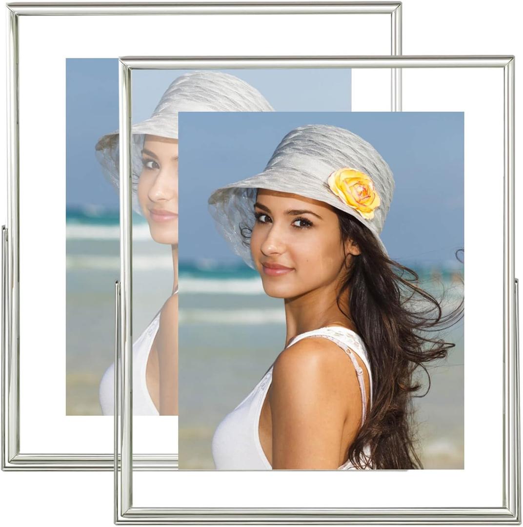 8x10 Floating Picture Frames Set of 2, Made of Metal and Double Real Glass, for Photo Size up to 10x12, Tabletop Display Home or Wedding Decoration (Vertical Silver)
