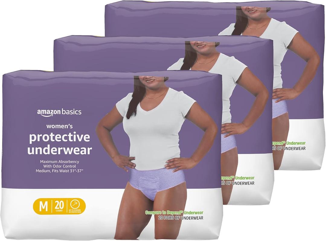 Amazon Basics Incontinence Underwear for Women, Protective, Disposable, Postpartum, Maximum Absorbency, Medium, Lavender, 60 Count (3 Packs of 20)