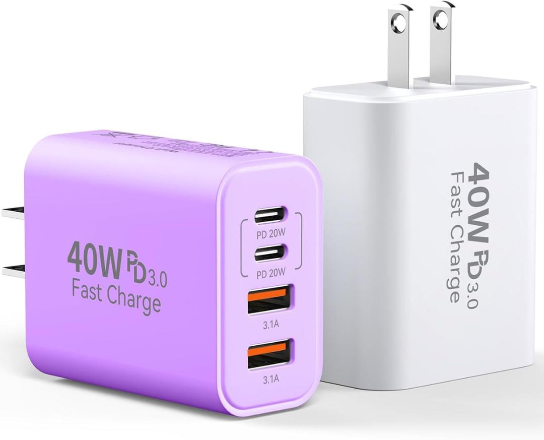 USB C Charger Block, 2Pack 40W 4 Ports Type C Fast Phone Charging Cubes PD Wall Plug+QC 3.0 USB A Charger Power Brick Box for iPhone 16/15/14/13/12/11 Pro Max, iPad, Galaxy, Pixel,White+Purple
