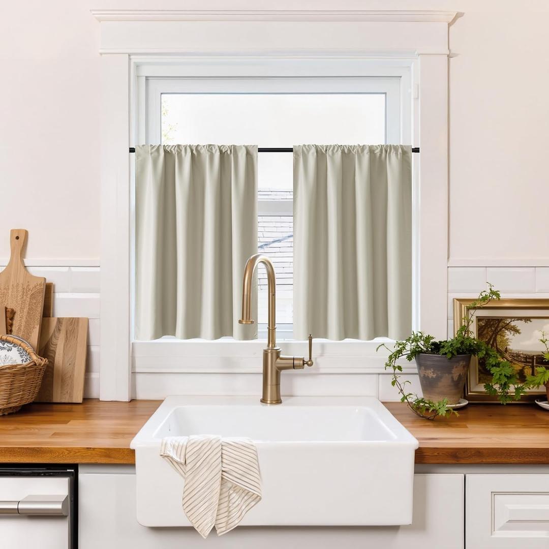 RYB HOME 100% Blackout Short Curtains for Small Window, Thermal Insulated Total Room Darkening Noise Reducing Curtains for Basement Bathroom RV Cars, 29 inches Wide by 30 inches Long, Natural