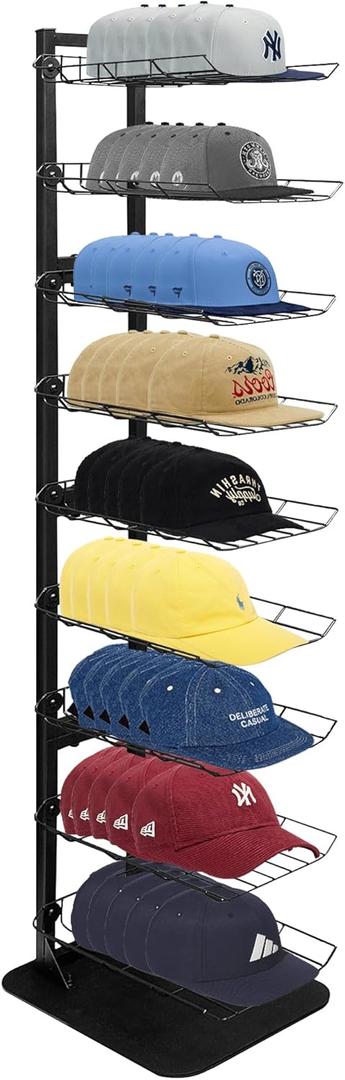 Hat Display 9 Tier, Hat Rack Stand Up to 70 Caps, Metal Hat Stands for Multiple Hats, Commercial Retail Hats Display, Black