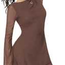 Milumia Women's Boat Neck Mesh Long Bell Sleeve Mini Dress Y2k Going Out Short Dresses Fall 2025 (Medium, Coffee Brown)