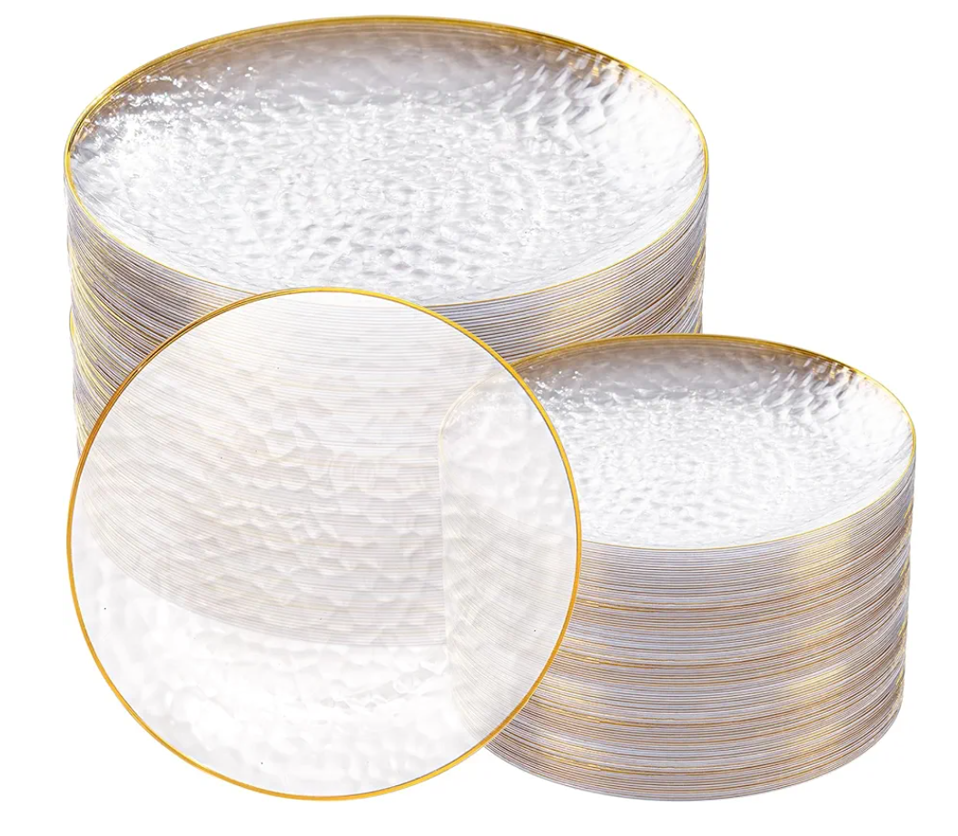 Rubtlamp 100Pcs Clear Gold Plastic Plates, Disposable Plates With Gold Rim, Heavy-duty Party Platos, Hammered Plastic Plates Include 50 Clear Dessert Plates, 50 Dinner Plates for Party