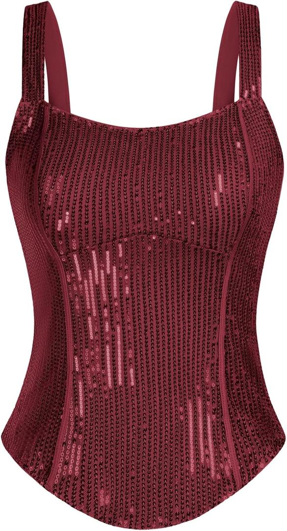 GRACE KARIN Sequin Tank Tops for Women Bustier Corset Top Sparkle Sexy Slim Camisole Sleeveless Party (Large, Wine Red)