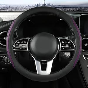 Car Steering Wheel Cover, Leather Steering Wheel Cover Purple Universal 14.5-15 Inch Microfiber Leather Anti-Slip Breathable Auto Steering Wheel Covers for Men Women (Black&Purple)