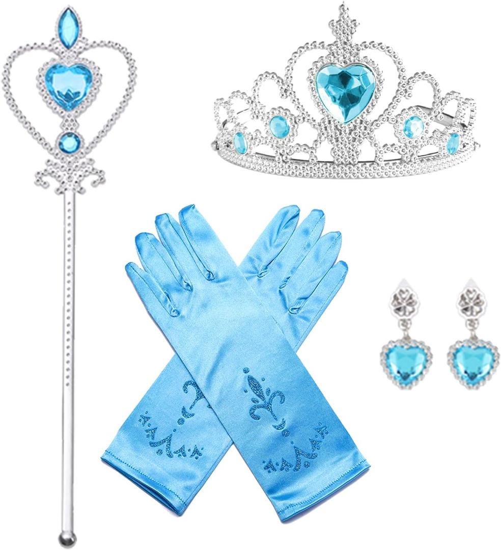 4Pcs Princess Dress Up Accessories for Princess Costume Crown Wand Gift for Girls Christmas Party Halloween Cosplay (Blue)