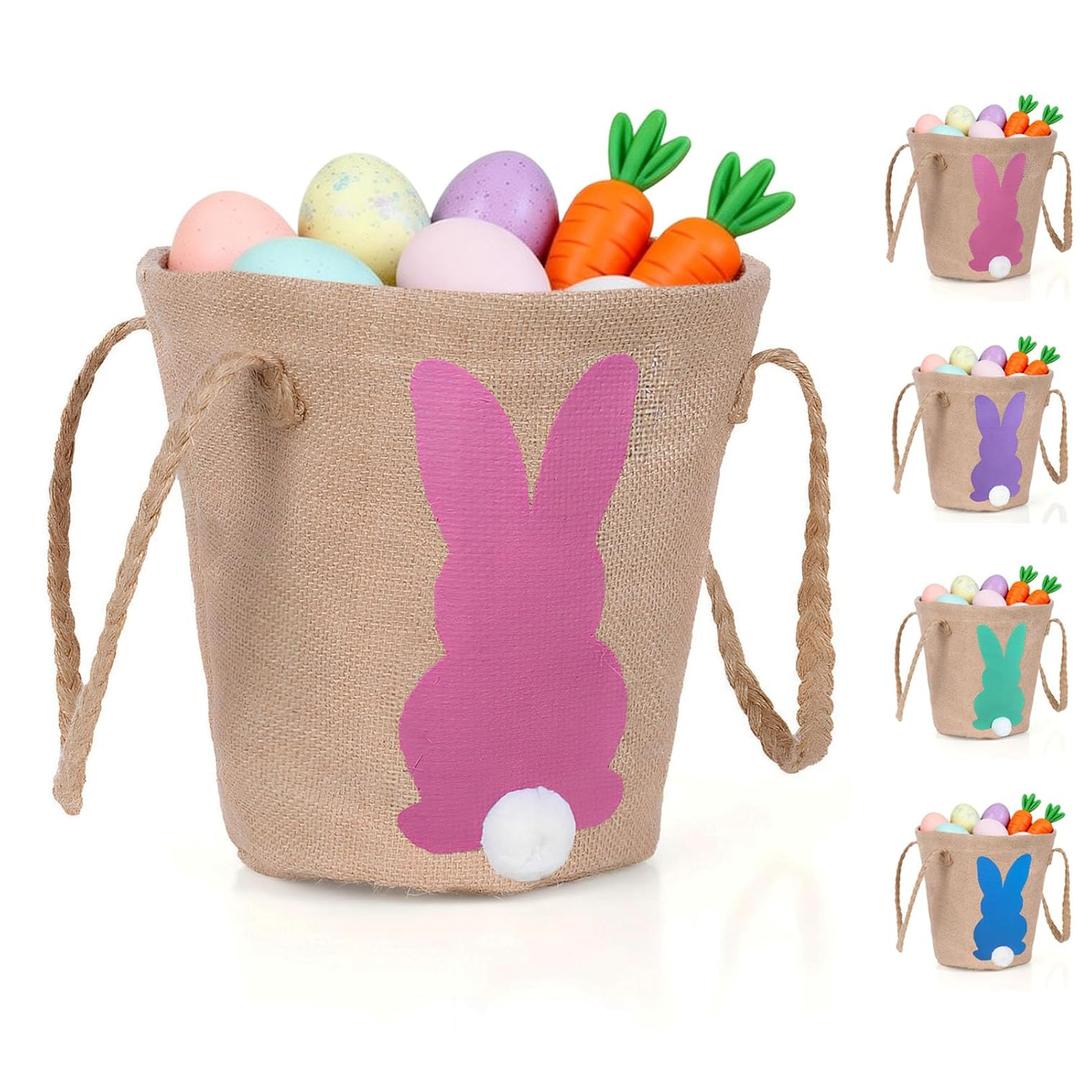 Easter Bunny Basket for Kids, Linen Egg Hunt Bag Soft Fabric, Cute Rabbit Tote Bags Easter Tote Bags for Candy Gifts Storage (Pink)