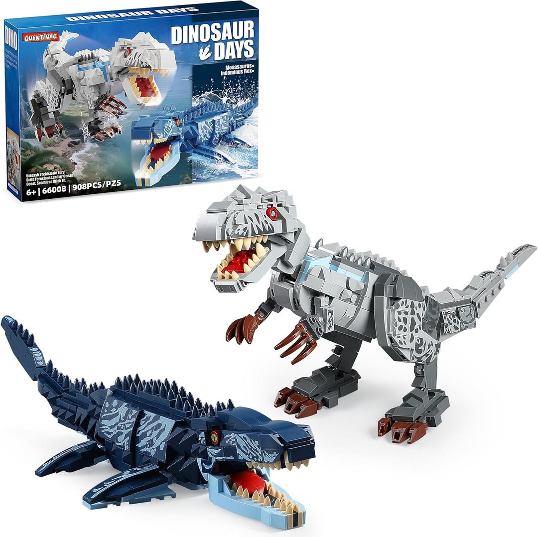 Dual Dinosaur Building Sets - Indominus Rex & Mosasaurus Dinosaur Toys with Poseable Joints, STEM Educational Toys for Kids Ages 6-12, Creative Birthday Gifts for Boys and Girls (Gray,Blue)