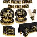 NatNarr Black and Gold Graduation Decorations 2026 Include Class Of 2026 Graduation Plates Napkins Cups Tablecloth Congrats Grad Banner for Middle College High School, 25 Guest