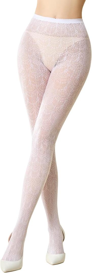MANZI Women's Hollow Out Knitted Patterned Tights White Lace Fishnet Stockings Vertical Strips Pantyhose with High Waist (Fan)