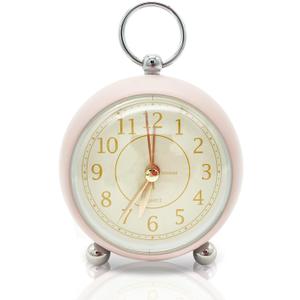 Rohome Vintage Small Alarm Clock with Night Light, Pink, Quartz Movement, Battery Operated, Non-Ticking, Decorative, for Bedside Table, Desk, Kitchen, Bedroom