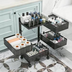 Bathroom Rotating Storage Cart No Assembly Required 4-Tier Metal Sturdy Fruit Basket for Kitchen, Rolling Vegetable Storage Rack,Bathroom Shelf,Storage Drawer Cart (Black, 4 Tier-Square)