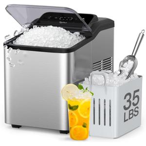 Typhur Fast Nugget Ice Maker Countertop with Self-Cleaning Pump, 35lbs/24H Crushed Pebble Ice Machine with Pellet Ice, 8 Packs Cleaner, Dual Ice Scoops for Home, Kitchen, Party, RV, Stainless Steel (Piano Black)