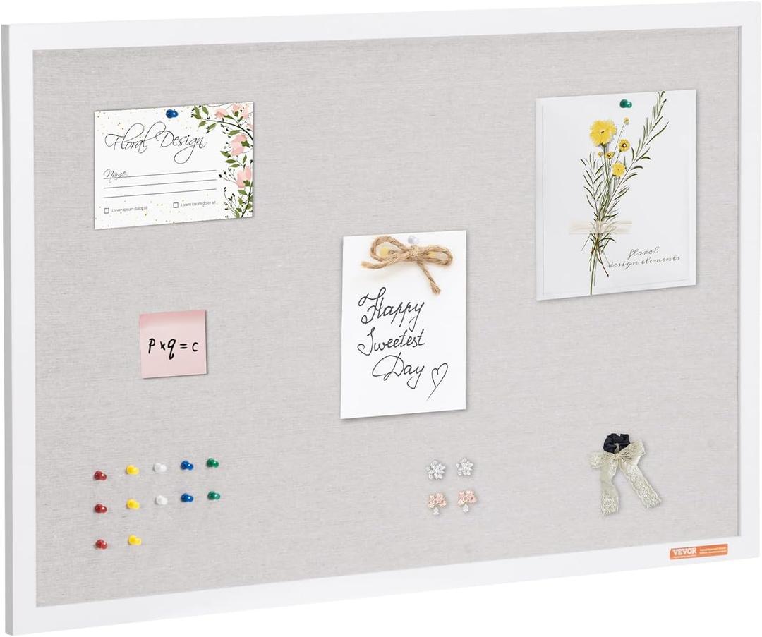 VEVOR 36"x24" White Cork Board with Linen Surface Stylish Wall-Mounted Bulletin Board for Home, School, Office Elegant & Functional Noticeboard