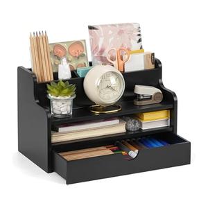 Dhmkfly Mail Organizer Countertop, 4 Slots Desk Organizer with Drawer and Shelf, Wooden Mail Sorter for Desk, Desktop File Holders for Storage Pens, Envelopes and Bills