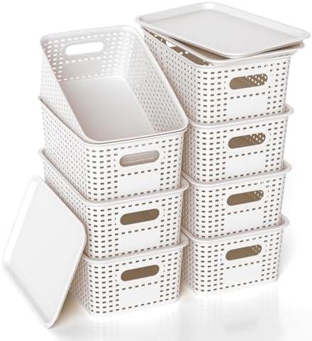 ZFTMRR Plastic Storage Basket with Lid, Stackable Small Box Bins for Organizing and Containers for Shelves Drawers Desktop Closet Playroom Pantry Classroom Office Home, 8 Pack 10.2x7.2x4.1 Inch, White