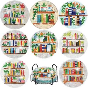 Book 8PCs Diamond Paintings Coasters Kits Set, DIY Diamond Art Coasters with Holder, 5D Diamond Art Kits for Adults, Home Decor (Cork Wooden Pad) (Jxbd72-us)