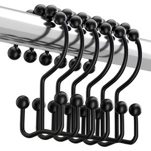 Titanker Black Shower Curtain Hooks Rings, Rust-Resistant Metal Double Glide Shower Hooks for Bathroom Shower Rods Curtains, Set of 12 Hooks - Matte Black
