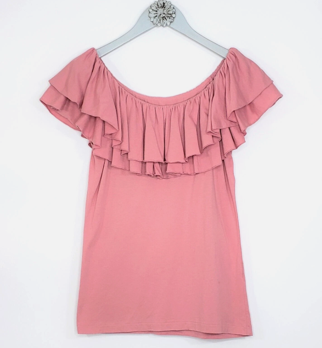 Womens Top Medium Pink Ruffle Off Shoulder Stretch Blouse Shirt size XL, sleeve -50"