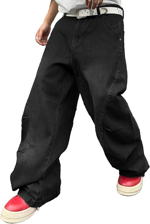 DFGIGT Men's Irregular Sutures Y2k Hip Hop Baggy Jeans Wide Leg Denim Pants Casual Loose Fit Trousers Streetwear, L