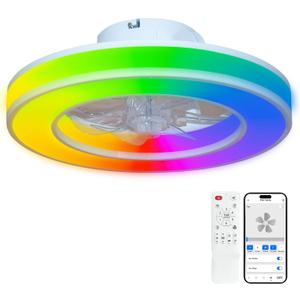 16 Inch Modern Low Profile Ceiling Fan with Lights, RGB Color Changing 2900K-6500K Dimmable LED, Remote & APP Control Small Flush Mount Ceiling Fan Light for Living Room Bedroom, 16inch-rgbcw