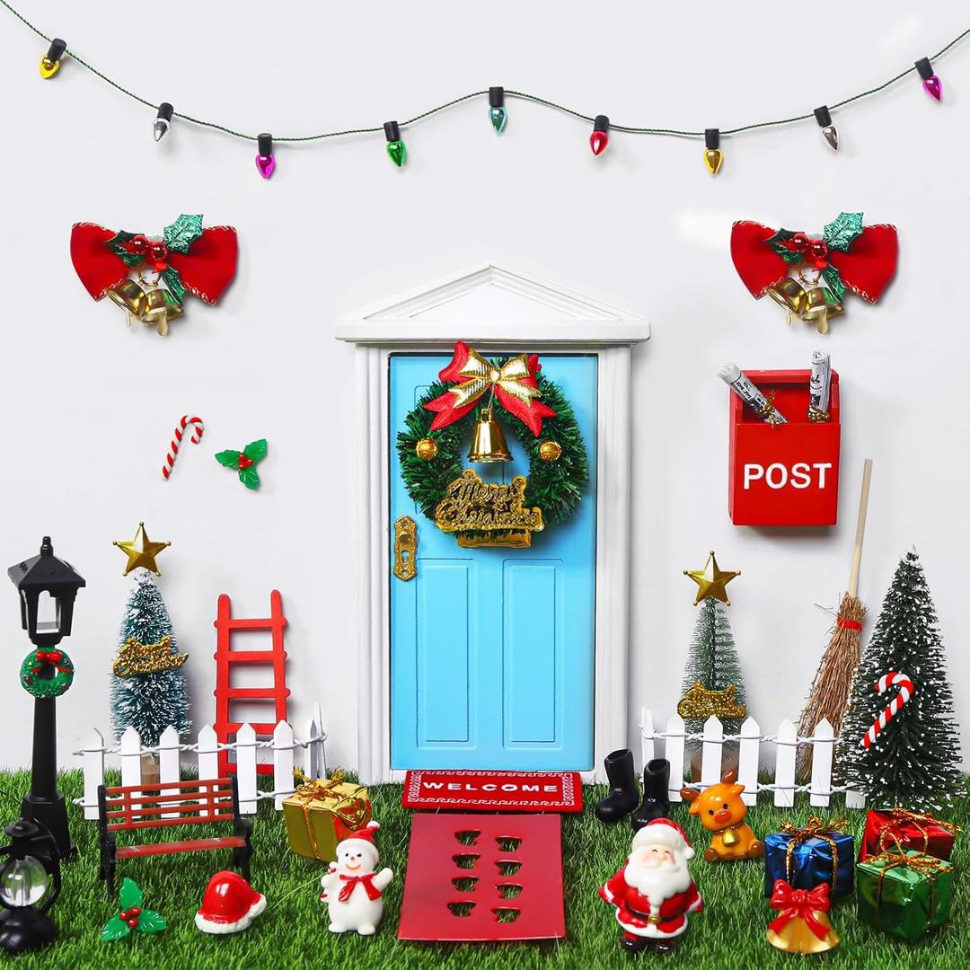 39pcs Blue Christmas Elf Fairy Door Decorations Sets Miniature Figures Wooden Doors Santa Claus Snowman Kit for Xmas Mini Dollhouse Accessories House Room Wall Decor