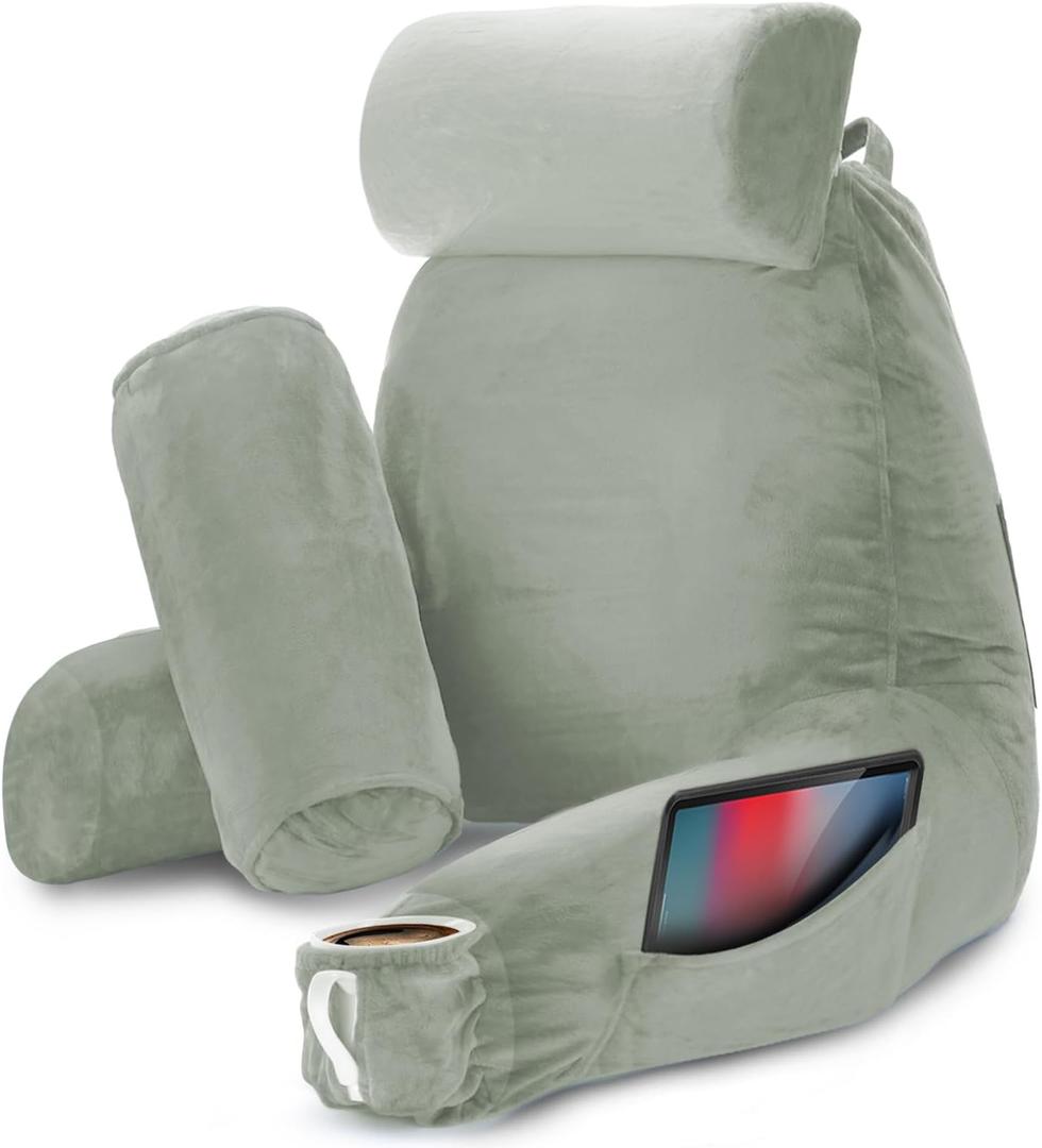 Nestl Reading Pillow with Shredded Memory Foam Includes 2 Neck and Lumber Support Pillows, Designed for Sitting Up in Bed and Couch, Back and Arms Adjustable Support for Adult & Teens, Sage Green