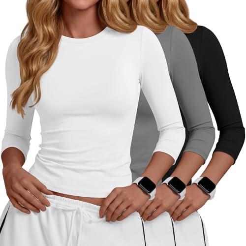 Yearntown 3 Pack Women's Workout Shirts 3/4 Sleeve Compression Tight Tops Athletic Gym Tee Yoga Running Fitted Basic T-Shirts,Large