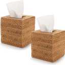 2 Pack Rattan Tissue Box Cover Square, Hand Woven Wicker Tissue Holder, 5.5 x 5.5 X 5.7 inch, Natural