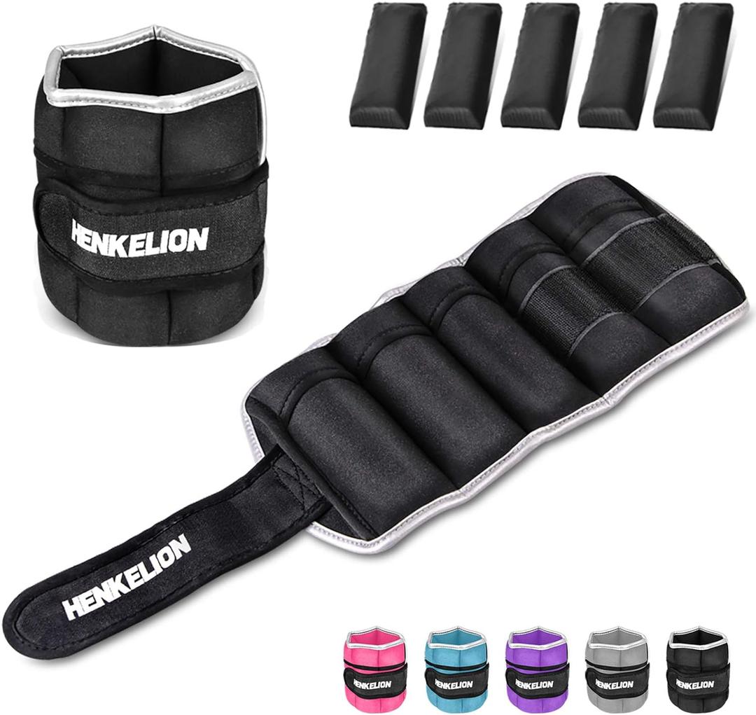 Henkelion 1 Pair 10 Lbs Adjustable Ankle Weights for Women Men Kids, Strength Training Wrist and Ankle Weights Sets for Gym, Fitness Workout, Running, Lifting - Black Grey Pink Blue Purple
