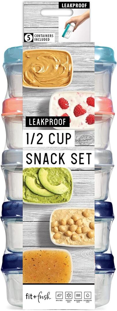 Fit & Fresh Small Plastic Containers With Lids 4 oz, Snack Containers for Adults and Kids, Reusable Leakproof Dressing and Condiment Containers, Multicolor, 5PK, Light (1/2 Cup)