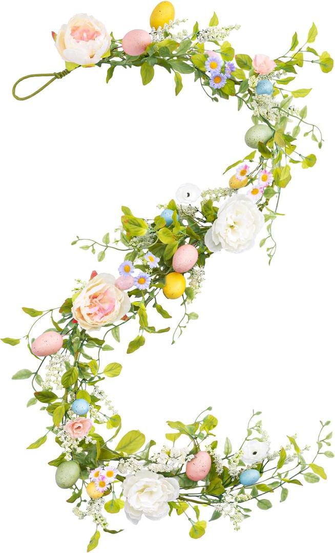 6Ft Easter Peonies Garland, Artificial Easter Egg Garland with White Flowers Peonies Stamens for Indoor Outdoor Home Fireplace Decoration