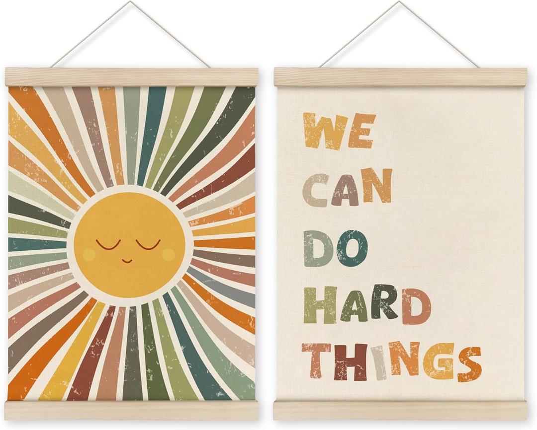 HRQKO Boho We Can Do Hard Things Posters Hanger Frame Set of 2, Kids Wall Art, Boho Inspirational Wall Art with Wooden Frames,Classroom Sun Wall Hanging Banner Decor for Nursery Kids Room, 12x16 Inch