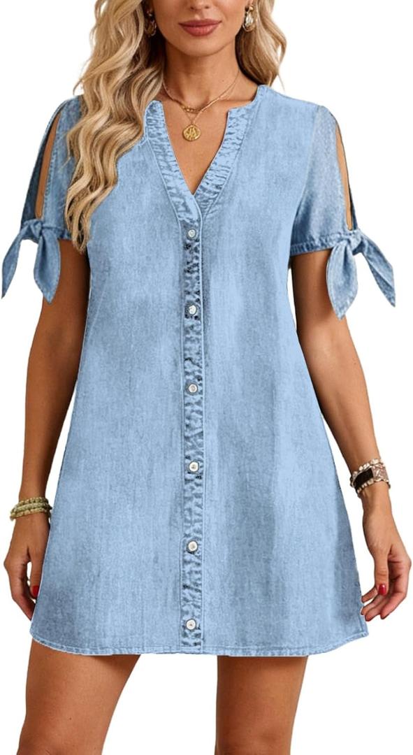 Denim Dress for Women 2026 Summer Casual Cowgirl Blue Jean Dress Tied Sleeves Button Down Shirt Dresses with Pockets