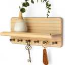 Rebee Vision Decorative Key Holder Wall Mount  Farmhouse 11-Inch Pine Wooden Key Holder for Wall with 6 Hooks & Floating Shelf - Chic and Functional Home Decor Solution (Natural Wood)