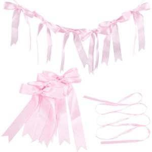 Pink Ribbon Bow Hanging Garland Coquette Party Decorations 10Pcs Bowknots 9.8 Feet Ribbon Bow Banner Garland for Wedding Bridal Shower Birthday Bachelorette Celebration Photo Props Decor