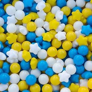 MEOGETY Ball Pit Balls 100 for Toddlers Crush Proof Plastic Balls for Ball Pit Phthalate Free BPA Free Colorful Pit Balls for Kids Babies Pool Play Tent Gift 2.2 Inches (Blue Yellow White Stars)