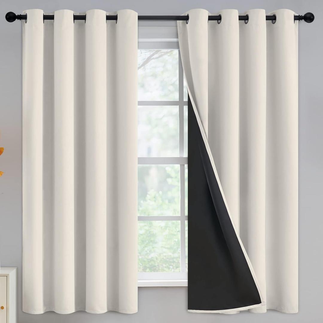 Yakamok 100% Blackout Curtains for Bedroom 63 Inch Length, Light Blocking Drapes with Black Backing, Thermal Insulated Solid Grommet Panels for Living Room, 52Wx63L, Cream, 2 Panels