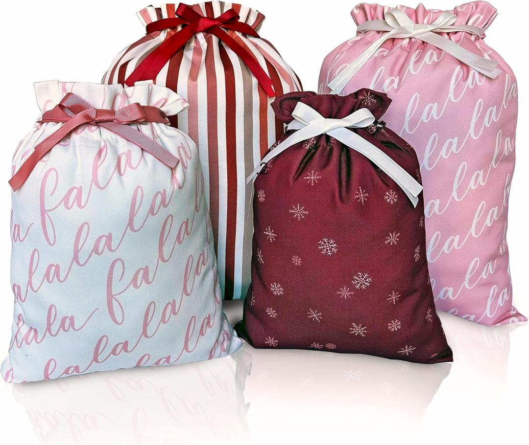 Gather & Knot Drawstring Christmas Gift Bags | 20" Large 16" Medium | Pink Fa La La | Premium Canvas | Reusable Fabric Wrap for Holidays | Mix & Match Set