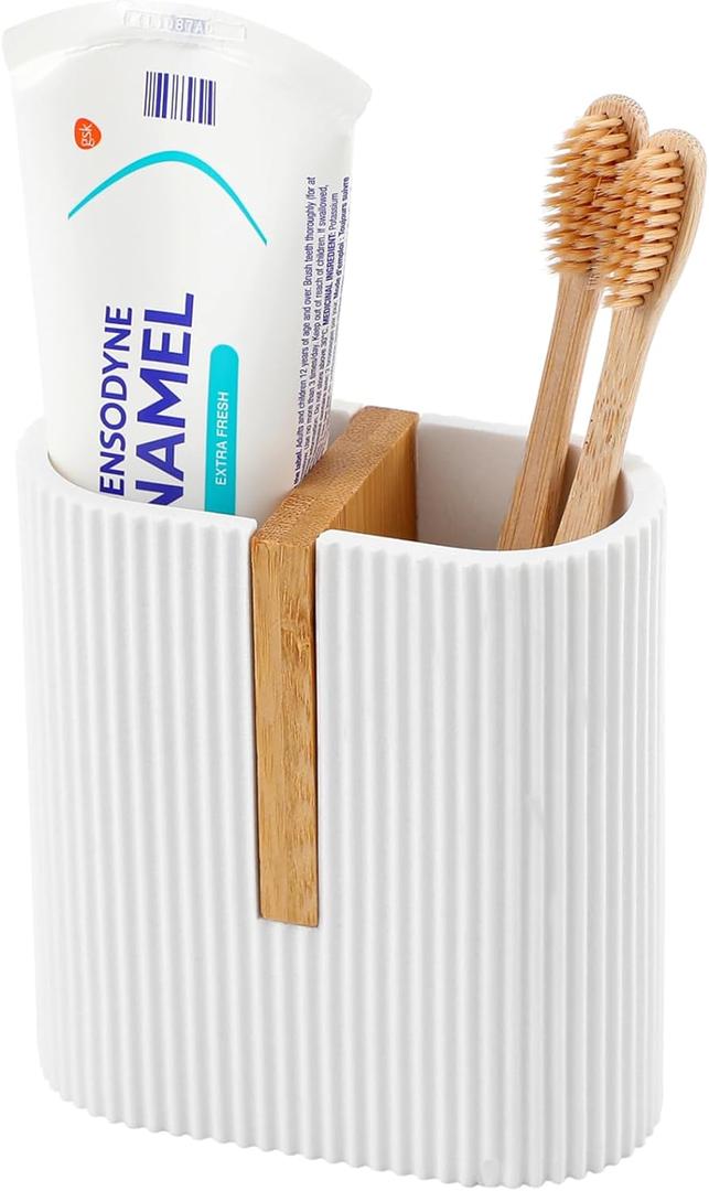 rejomiik Matte White Toothbrush Holders Electric Toothbrush Holder for Bathrooms, Bamboo Tooth Brushing and Toothpaste Storage Organizer for Sink, Countertop (2 Slots)