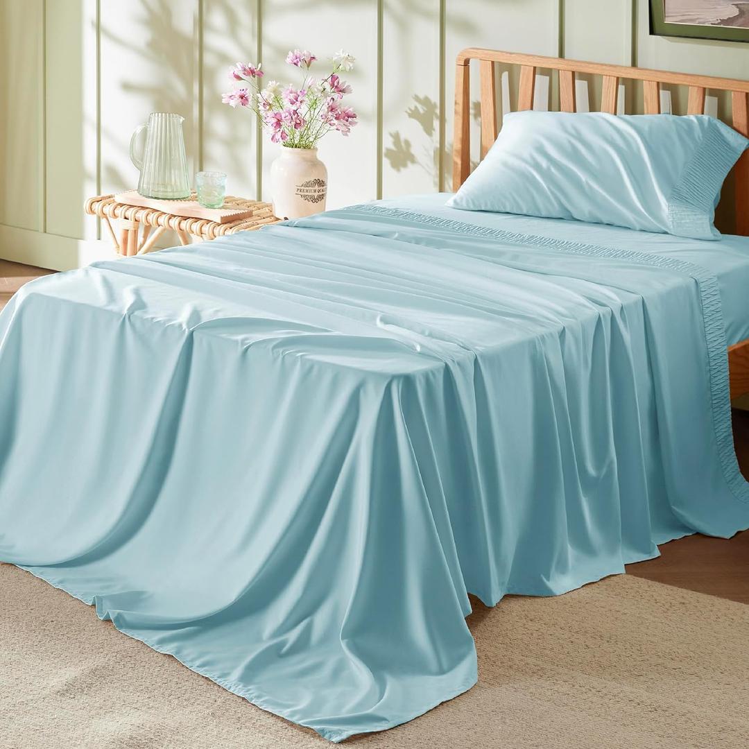 Bedsure Twin Sheets Set - 3 Pieces Soft Twin Bed Sheets - Breathable & Cooling - Hotel Luxury - Easy Care Polyester Microfiber Bedding for Women, Men, Spa Blue