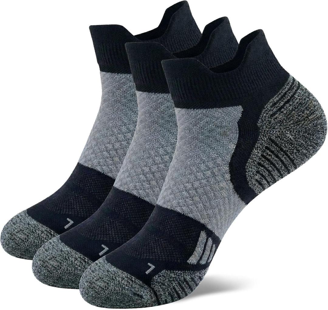 Athletic Ankle Socks for Men & Women - Low Cut Running Socks with Arch & Compression, Cushioned, 3 or 6 Pair Pack (Black)