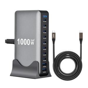 1000W 10-Port GaN 4 Desktop Charging Station with 240W 6.6 ft Data Cable - Compatible with Tablets, Phones, Laptops, Gaming Consoles, Headphones