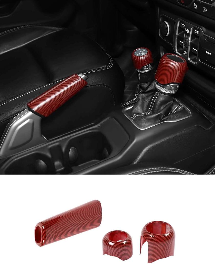 Savadicar Red Carbon Fiber Interior Accessories - Handbrake & Gear Shift Knob Trim Set for 2018-Present Jeep Wrangler JL JLU 4XE & Gladiator JT - Premium Texture Interior Decor Upgrade Option, 3-Piece