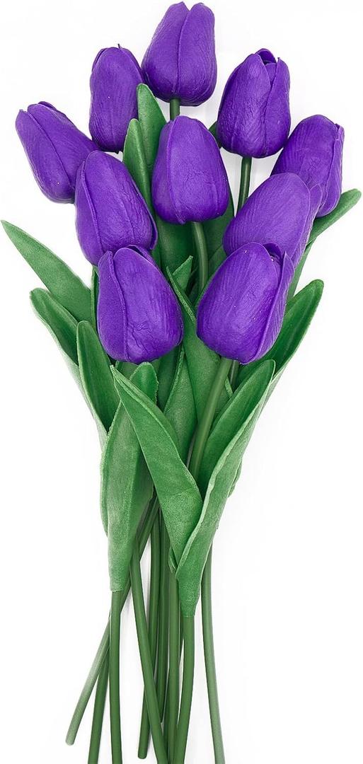 Faux Tulips Artificial Flowers with Stems, 10 Pcs Fake Tulips Spring Flowers Bulk, 13 Inch Artificial Tulips Flower Realistic for Wedding Bouquet, Table Centerpiece, Birthday Party (Purple)