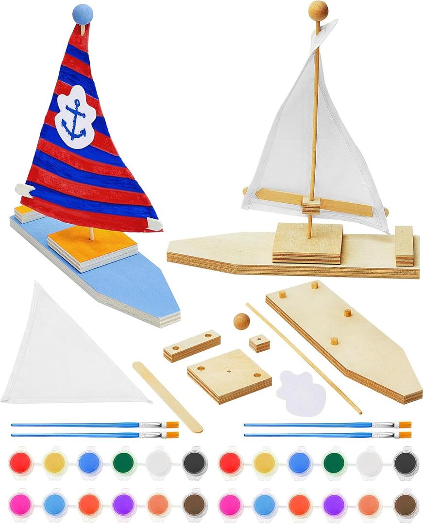 Jenaai 10 Pcs DIY Wooden Boat Kits Wooden Sailboat to Paint Decorate Unfinished Wood Blank Craft Model Boat Sailboat Activities for DIY Projects Handmade Gift Party