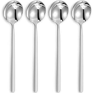 KEAWELL Premium Korean Soup Spoons with Long Handles, Set of 4, 18/10 Stainless Steel, Dishwasher Safe (Plain)