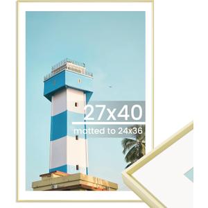 27x40 Metal Picture Frame with Mat for 24x36 Photo or Without Mat for 27 x 40 Picture with Tempered Glass Aluminum Poster Frame for Wall Mounting Hanging Hardwares Included, Gold, 1 Pack